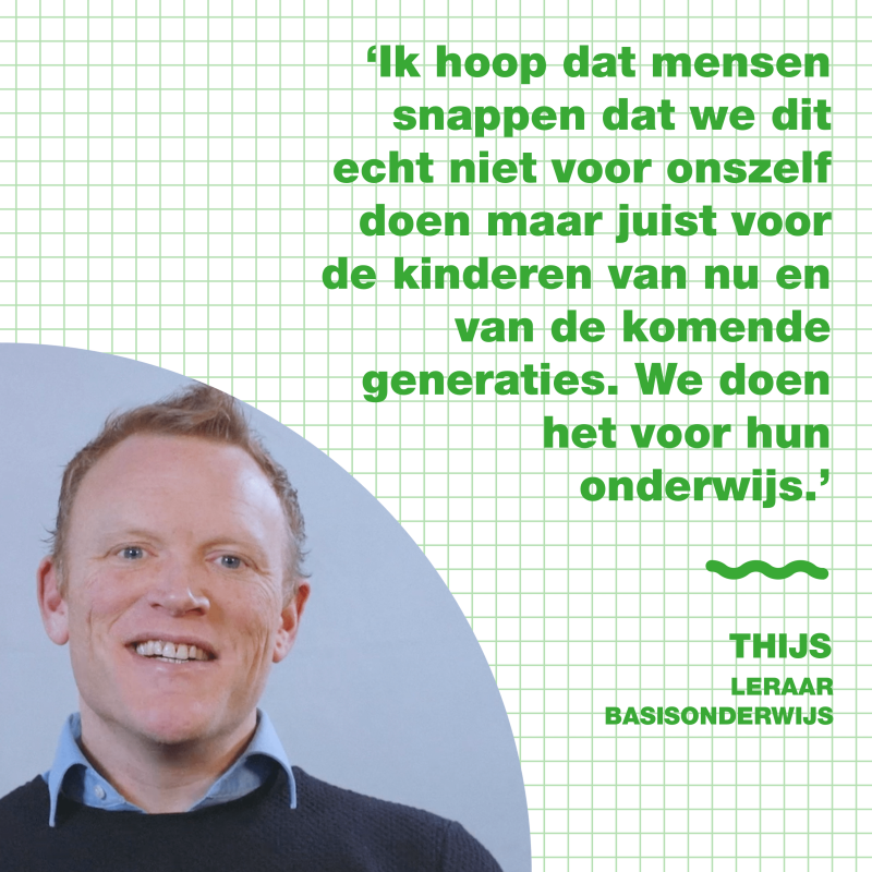 Een portretfoto van leraar Thijs, met daarnaast zijn quote: 'Ik hoop dat mensen snappen dat we dit echt niet voor onszelf doen maar juist voor de kinderen van nu en van de komende generaties. We doen het voor hun onderwijs.' 